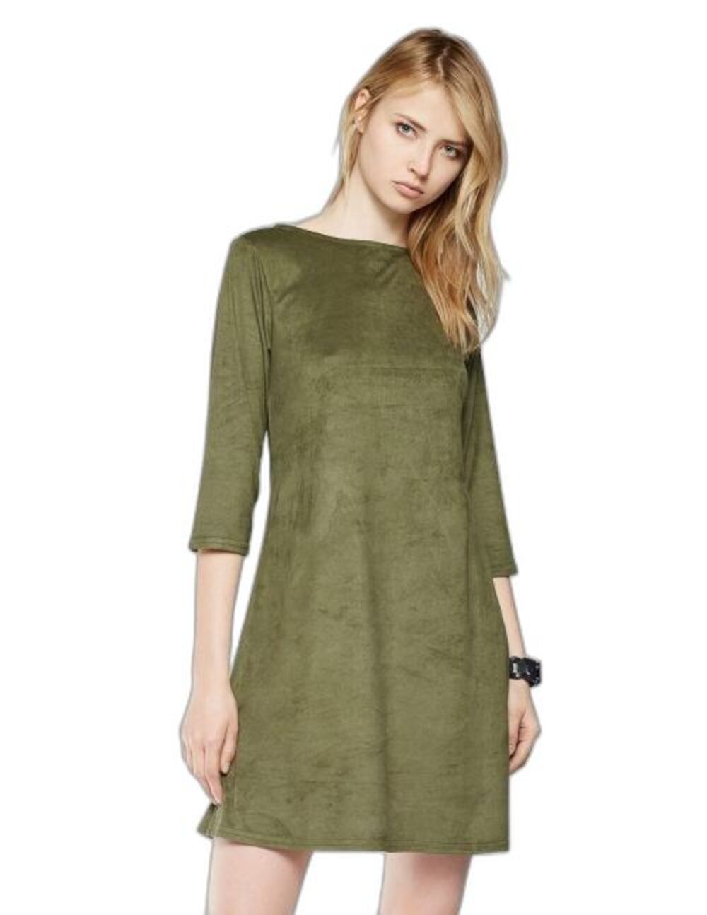 Viereck Mini Dress Intel in Olive Faux Suede Jersey Microfiber 3/4 Sleeve Large